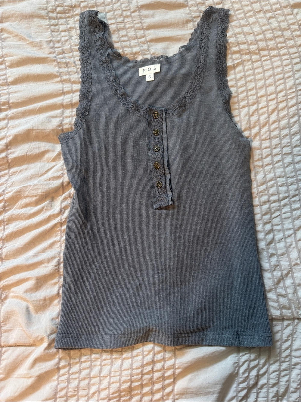 POL Charcoal Ribbed Lace-Trim Henley Tank - Picture 1 of 2